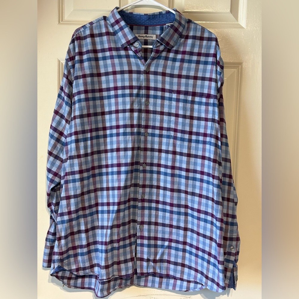 Tommy Bahama Shirt Men XL Flip Cuff Button Up Long Sleeve Blue Purple Plaid